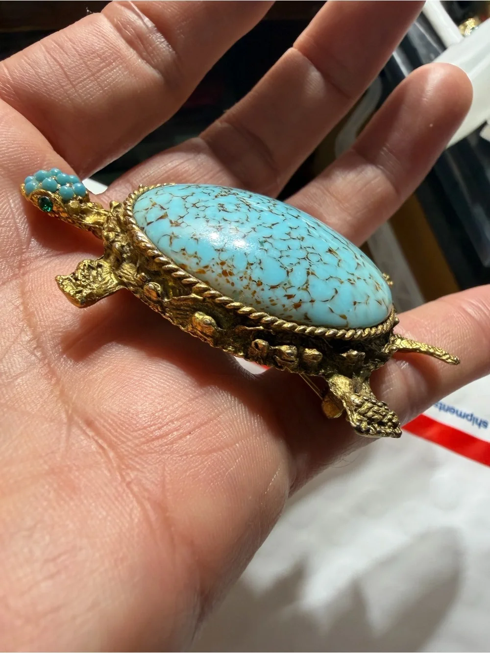 VINTAGE TURQUOISE COLORED TURTLE BROOCH, INTRICATE SETTING DETAIL